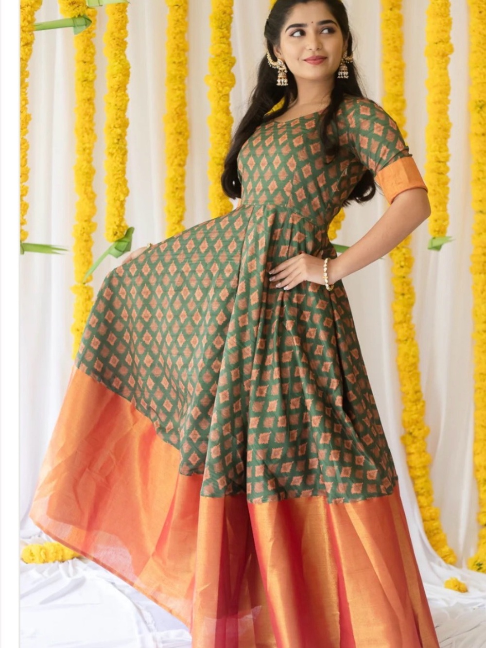Green and Orange High-Low Printed Flared Dress